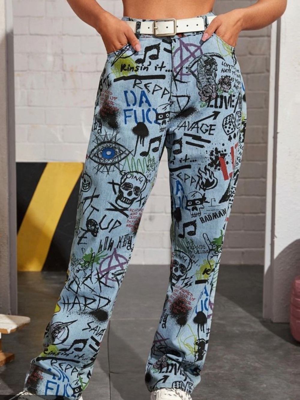 SHEIN White Multi Graffiti Print jean Pants